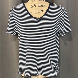 Jones New York Navy and White Striped Short Sleeve Top